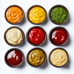 A vibrant array of colorful sauces in small bowls arranged neatly