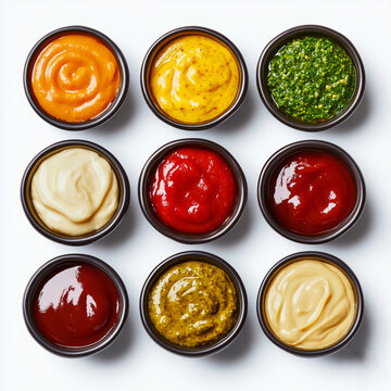 A vibrant array of colorful sauces in small bowls arranged neatly