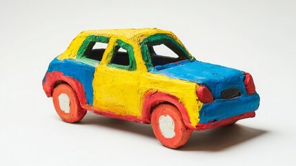 Colorful clay car handmade by a child; playful and textured against white
