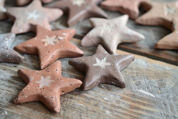 Freshly baked star shaped cookies on a wooden table, great for snacking or as a dessert