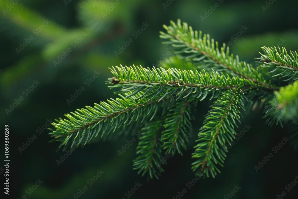 Poster a detailed view of a pine tree branch with needles and buds, suitable for use in nature-inspired des