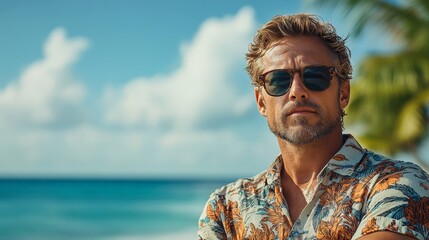 Smiling man in tropical shirt enjoying sunny walk on the beach
