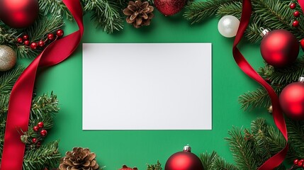 Christmas greeting card surrounded by festive decorations on a green background in a cozy winter setting