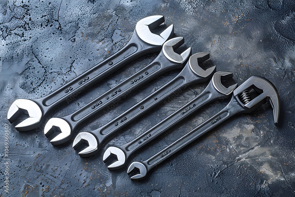 Poster a set of adjustable and fixed wrenches on a textured surface