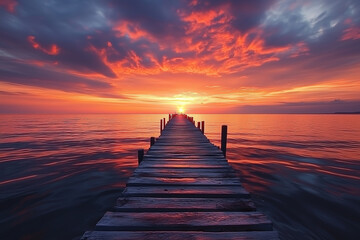 Captivating sunset over tranquil waters with a fishing pier inviting exploration