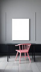 Pink wooden chair at black table in grey living room interior with mockup of empty poster isolated with white highlights, png