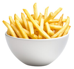 A bowl of golden brown, crispy french fries. Perfect for a fast food or snack food image.
