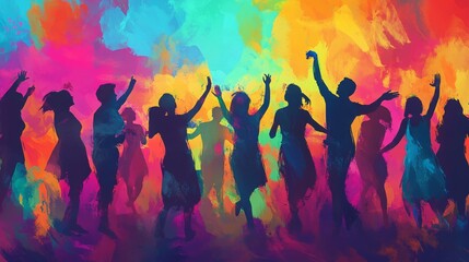 Holi festival scene with people dancing and celebrating; colorful, vibrant background.