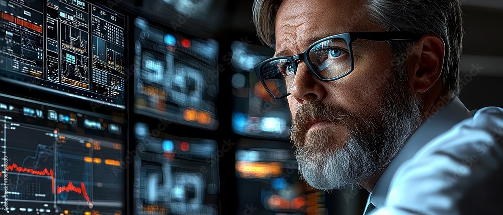 Poster a security operator monitors high-tech data displays to ensure safety and efficiency in modern opera