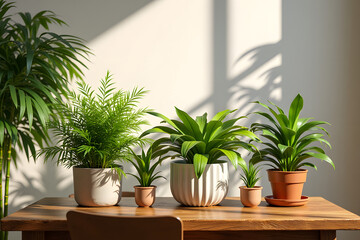 Sunlit indoor plants arrangement on wooden table with natural shadows