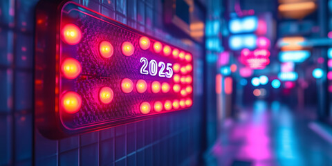 Obraz premium Bright neon sign wishing a joyful New Year 2025 in a vibrant urban alley