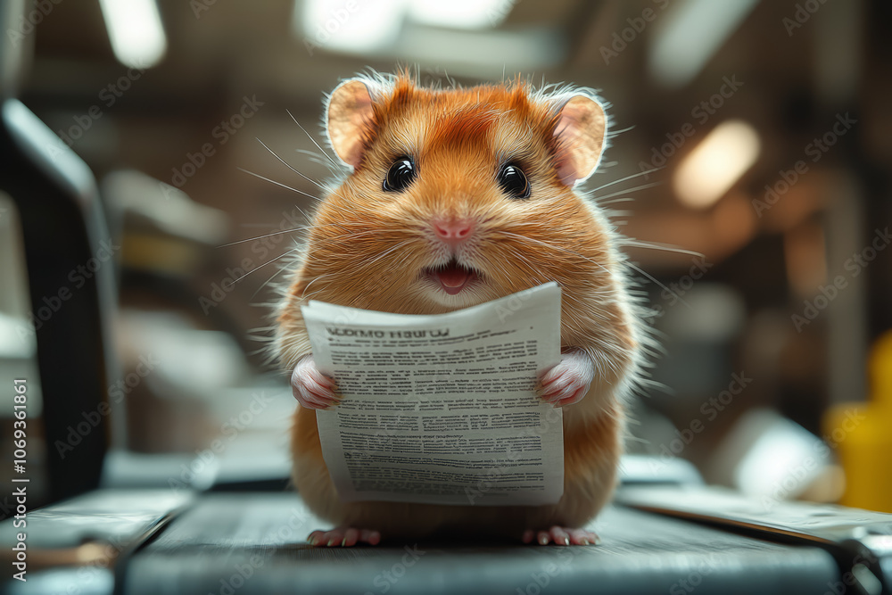 Poster a hamster running on a treadmill while holding a report illustrates the futility of overwork. concep