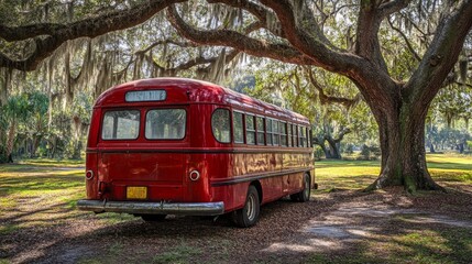 Fototapeta premium Retro red tour bus under live oaks in Charleston, South Carolina