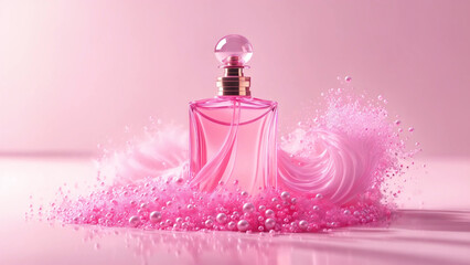 Elegant pink perfume bottle surrounded by frothy waves and soft splashes, evoking a sense of luxury and freshness in a serene setting