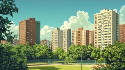 Obraz premium Urban city vector art; cityscape with apartment buildings, school, and park