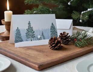 A festive holiday card featuring winter scenery with pine cones, a candle, and greenery.