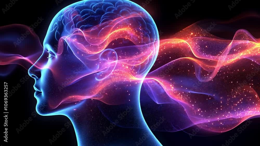 Poster a digital representation of a human head with flowing colorful energy patterns illustrating thought