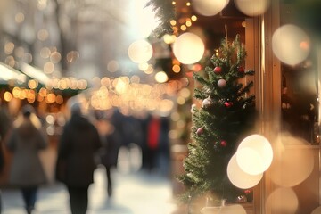 Christmas tree market with people walking around and festive lights in the background. Christmas shopping. AI generated image