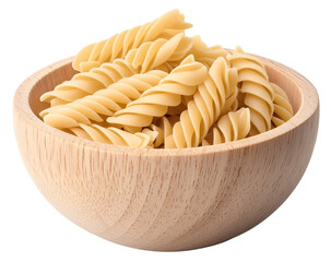A wooden bowl filled with uncooked spiral pasta. The pasta is arranged in a neat pile in the bowl.