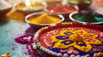 Vibrant Rangoli Art with Colorful Powder for Diwali Festival, Celebrating Tradition and Indian Culture