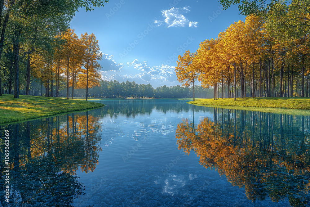 Sticker a crystal-clear lake reflecting the surrounding trees and sky creates a serene and mesmerizing image