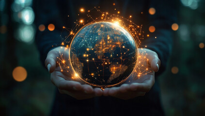 Businessman hold global business globe with network connected to digital marketing strategy and creative solution. Business development technology to support creativity idea