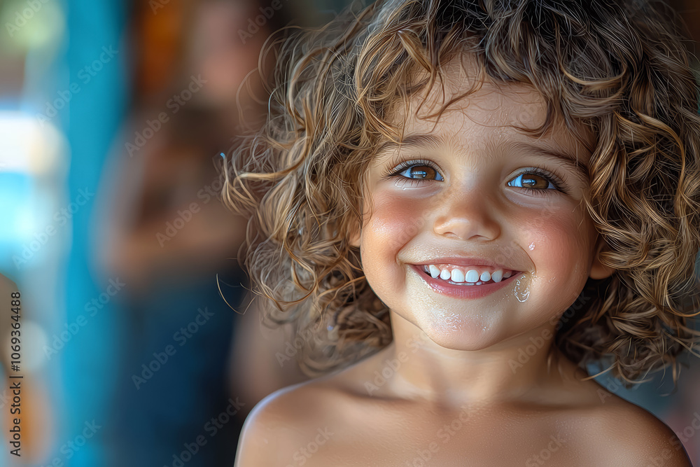 Poster a child laughing in the foreground while a person in the background silently sheds a tear illustrate