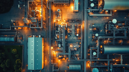 Aerial view of a complex industrial site featuring illuminated pipelines, storage tanks, and structures, showcasing the intricacies of a functioning manufacturing facility.