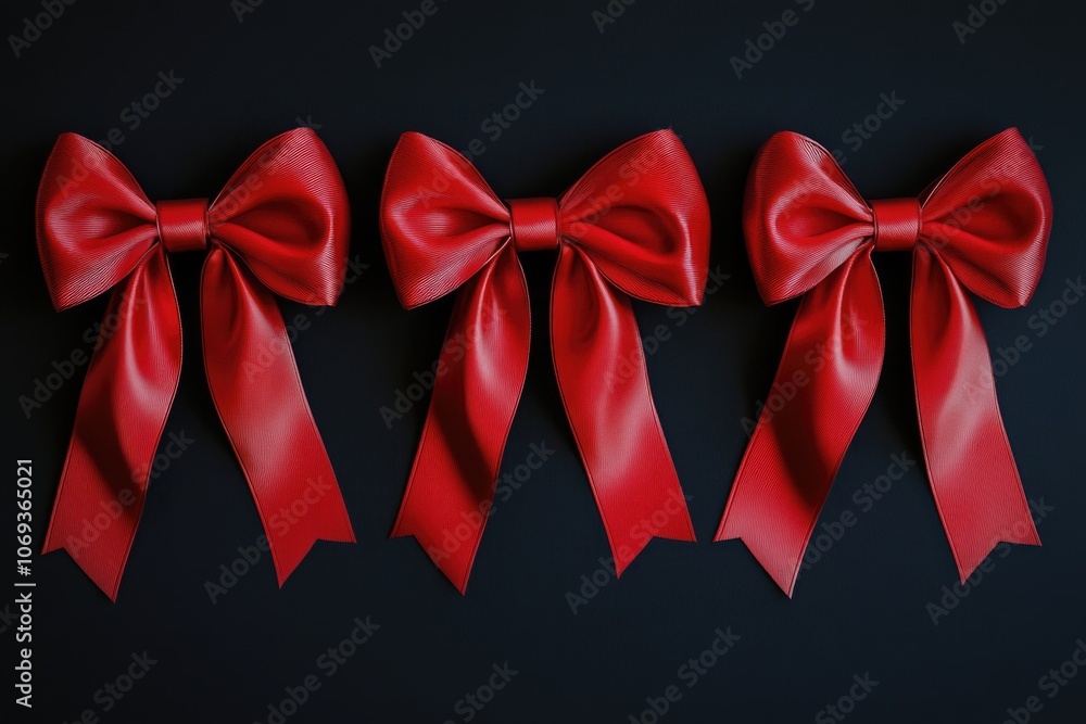 Poster simple and elegant image of three red bows against a black backdrop, suitable for various designs an