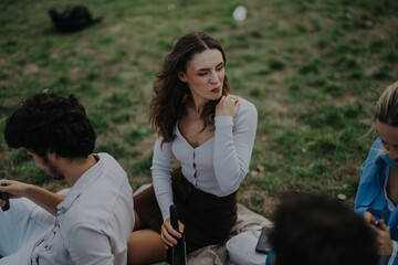 A group of friends spending a relaxing day outdoors, enjoying each other's company with a picnic in...