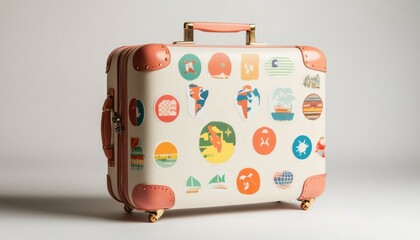Vintage suitcase decorated with colorful travel stickers on a light background