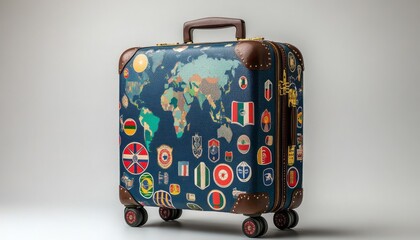 Vintage suitcase covered in travel stickers showcasing world maps and different countries