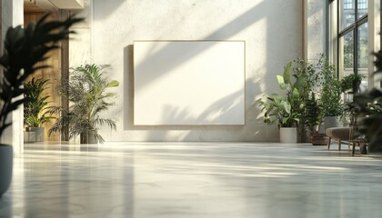 Obraz premium Modern art gallery interior with blank canvas and lush greenery in natural light