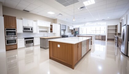 Spacious modern kitchen showroom featuring various cabinetry styles and appliances