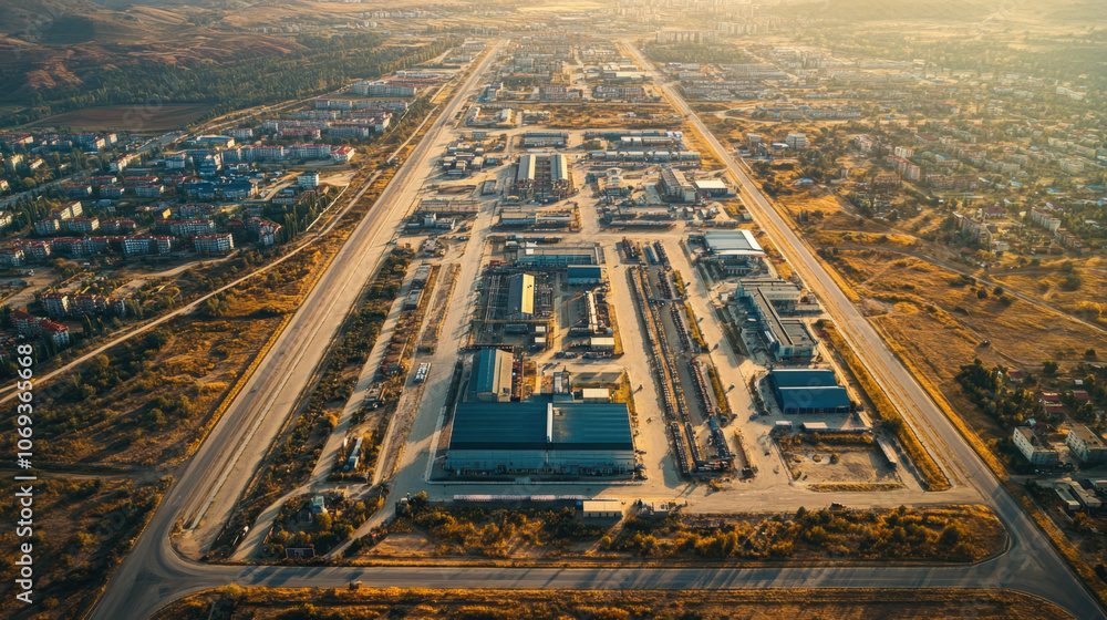 Poster aerial view of a large industrial complex surrounded by sparse landscape, showcasing buildings and i