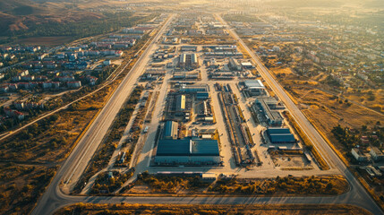 Aerial view of a large industrial complex surrounded by sparse landscape, showcasing buildings and infrastructure in an expansive setting.