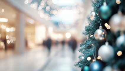 Christmas tree with decorations and blurred lights in a shopping mall. AI generated image