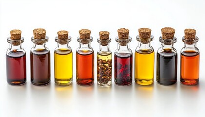 Colorful variety of glass bottles filled with different types of oils on a white background