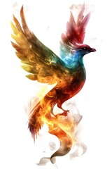 Fototapeta premium A vibrant, stylized bird emerges from colorful flames, representing transformation and rebirth, Ideal for themes of creativity, inspiration, or fantasy in projects like book covers or advertising,