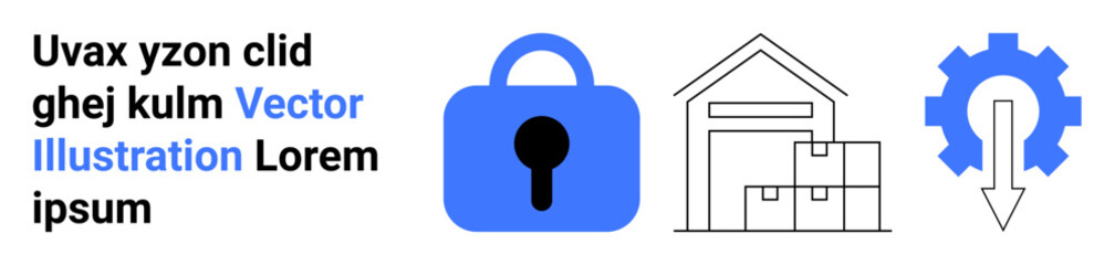 Large blue padlock, warehouse with boxes, and gear with downward arrow symbolize security, storage, and optimization. Ideal for supply chain management, inventory control, digital security, logistics