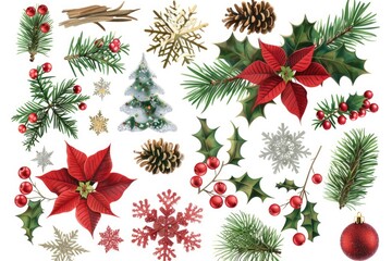 Christmas decorations on a white background, perfect for holiday themes and advertising