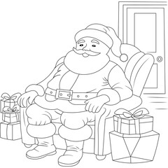 Cute Santa with Christmas Gift Box Outline Coloring Page, Christmas and Winter Illustration