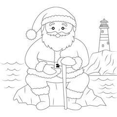 Cute Santa Nice View Outline Coloring Page, Christmas and Winter Illustration