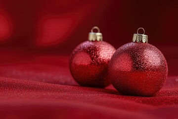 Two red glass ornaments on a red cloth, ideal for holiday decorating and gift wrapping