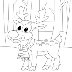 Cute Deer Outline Coloring Page, Christmas and Winter Illustration