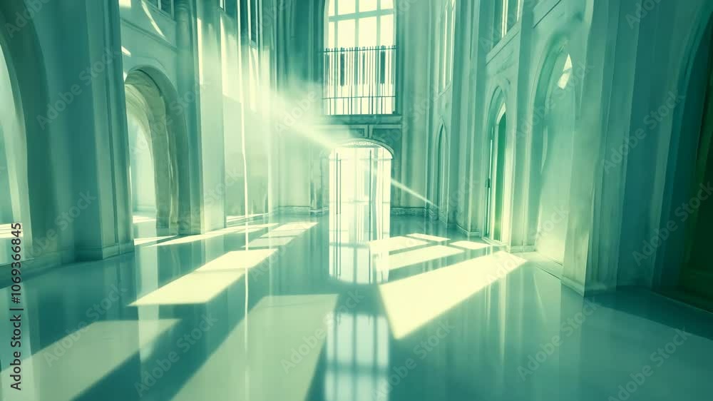 Poster sunlight streams through the windows of a large, empty hall, illuminating the polished floor