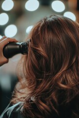 Naklejka premium A person styling their hair using a blow dryer