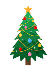 Decorated Christmas Tree. Traditional Christmas and New Year symbol. Vector illustration isolated on white background.