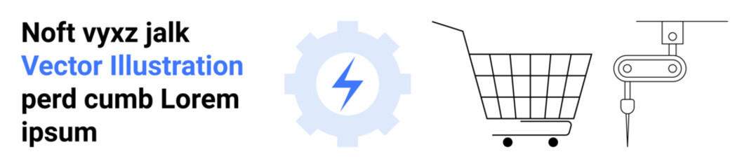 Robot arm coordinates assembling an electric gear beside a shopping cart. Ideal for e-commerce, robotics, industry tech, automation, manufacturing, engineering, machine learning. Banner for landing