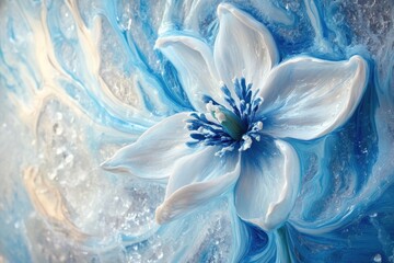 A snowdrop with icy blue and white petals, melting into a frosty art background
